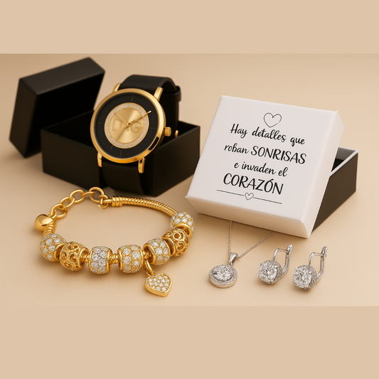 Pack Especial, Pulsera, Colgante y Pendientes + Reloj de REGALO
